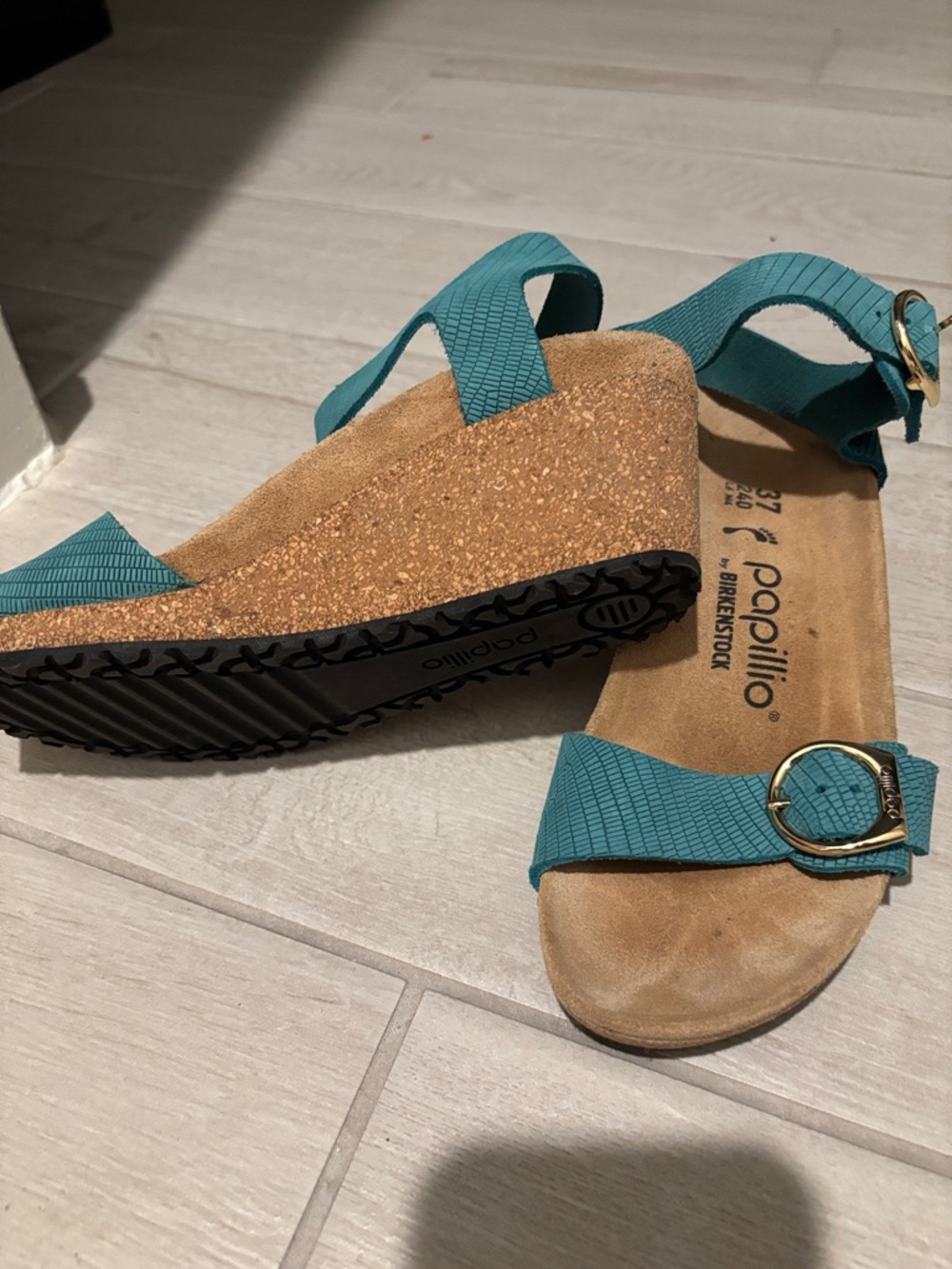 Birkenstock Teal Textured Wedge Sandals with Gold Buckle